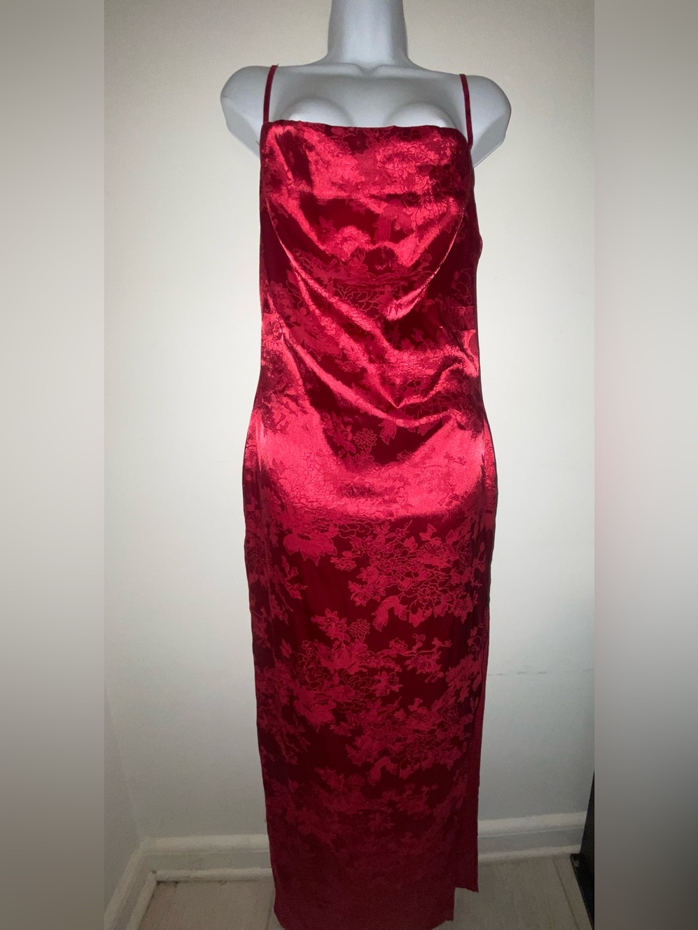 Fashion Nova Red Strapless Satin Floral Slip Dress